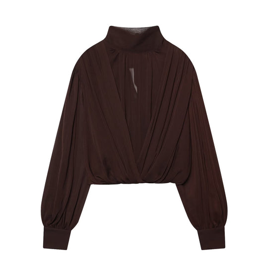 Damen Kurzgeschnittene Wickelbluse mit Stehkragen und voluminösen Ballonärmeln Shop Nory