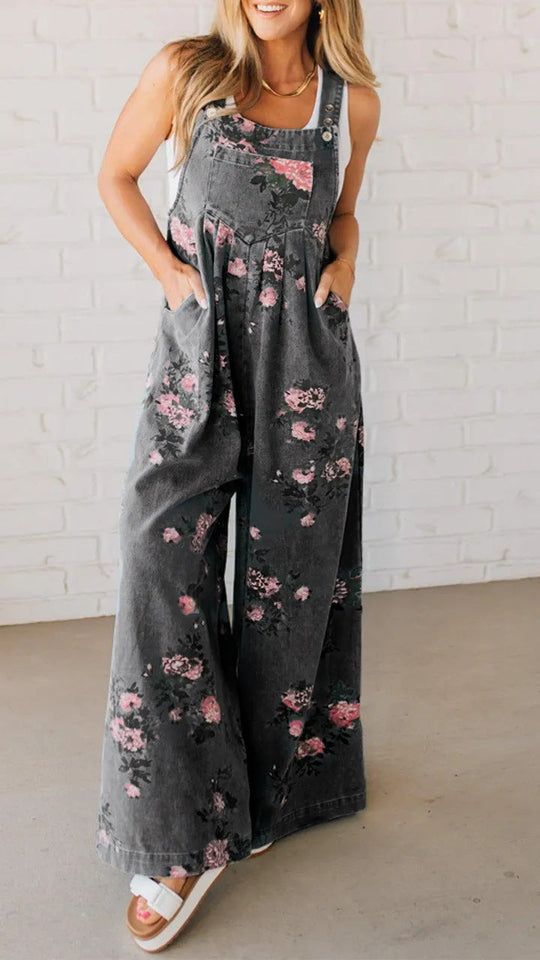 Damen Lässiger Denim-Hosenanzug mit floralem Print und weiten Beinen