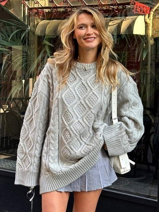 Damen Oversize Strickpullover mit Zopfmuster und Rippbündchen Shop Nory