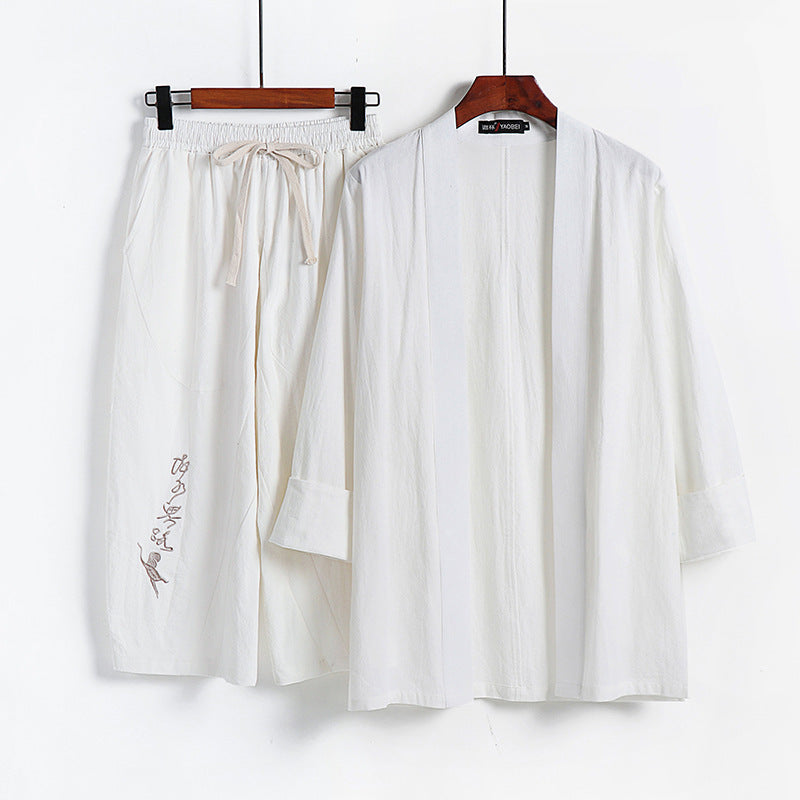 Damen Kimono-Set aus leichter Baumwollmischung offene Jacke mit lässig gekrempelten Ärmeln und weiter Haremshose mit Kordelzug Shop Nory