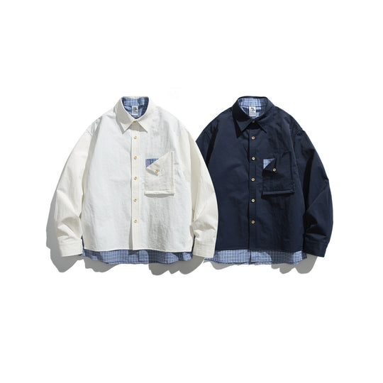 Herren Boxy-Overshirt im Layer-Look mit kariertem Innenfutter, Brusttasche und Holzknöpfen Shop Nory