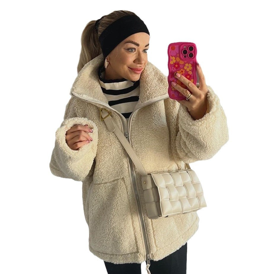 Damen Oversize Teddy-Fleece Jacke mit Reißverschluss und Stehkragen Shop Nory
