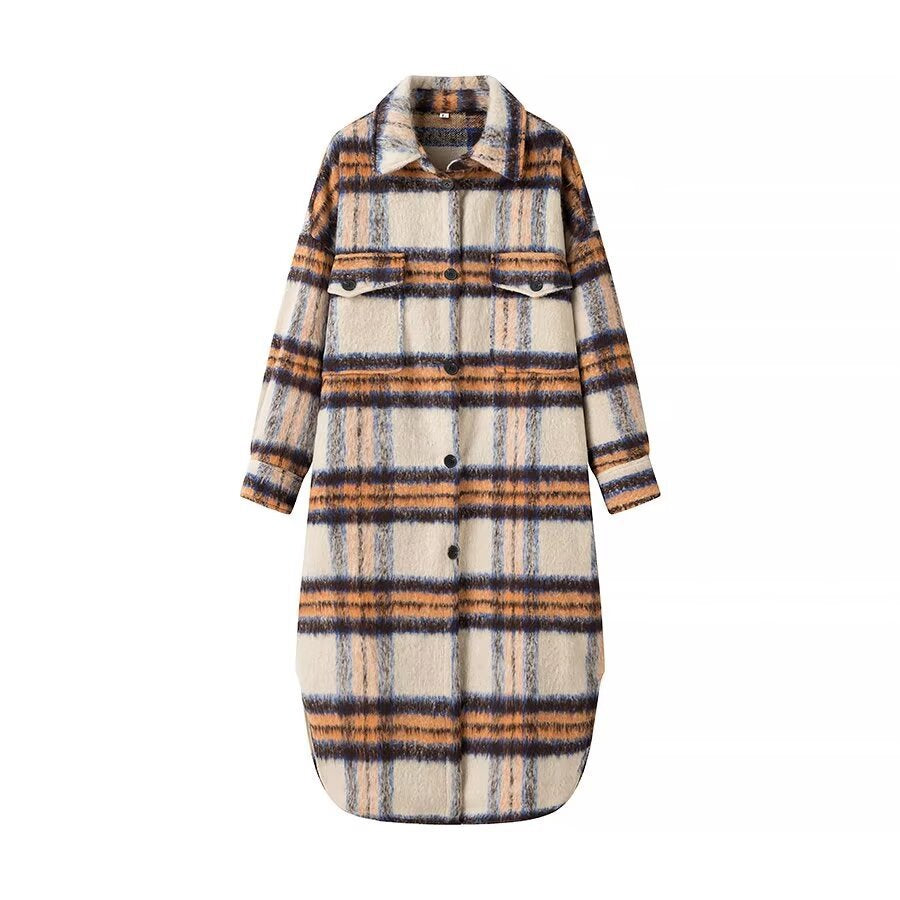 Damen Langer karierter Teddy‑Mantel in Shirtjacken‑Optik mit Hemdkragen und aufgesetzten Taschen Shop Nory