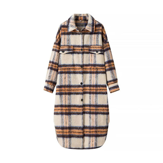 Damen Langer karierter Teddy‑Mantel in Shirtjacken‑Optik mit Hemdkragen und aufgesetzten Taschen Shop Nory