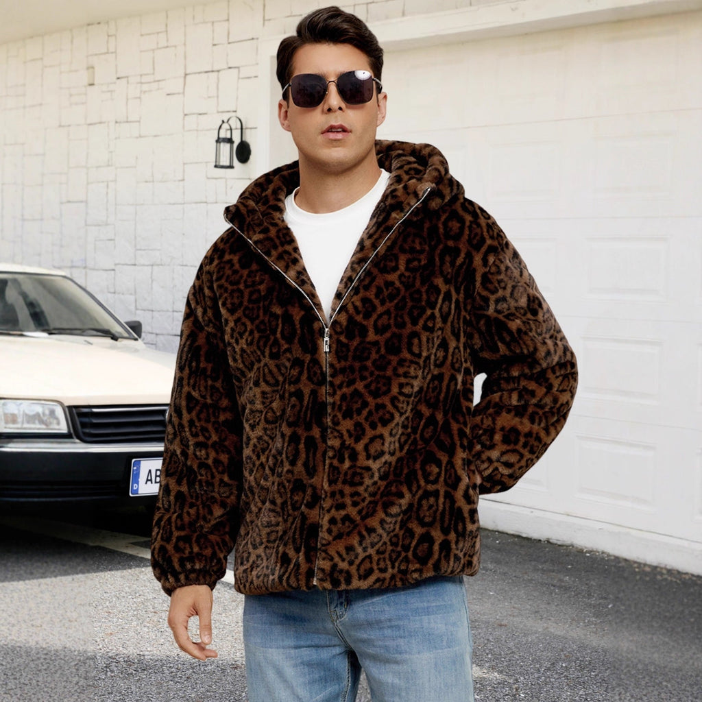 Herren Flauschige Kunstpelzjacke mit modischem Leopardenmuster
