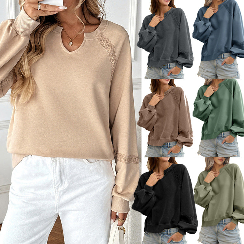 Damen Lässiges Sweatshirt mit V-Notch, Spitzeneinsätzen und Ballonärmeln Shop Nory