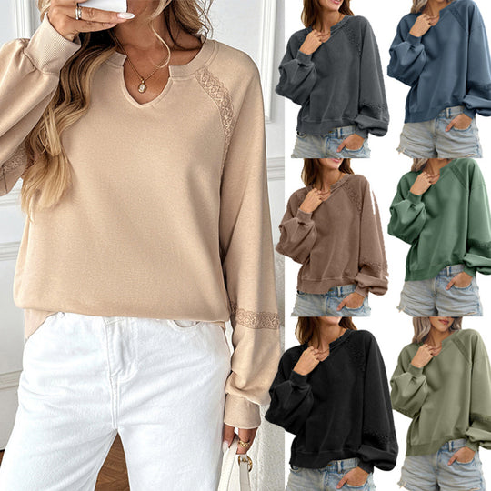 Damen Lässiges Sweatshirt mit V-Notch, Spitzeneinsätzen und Ballonärmeln Shop Nory