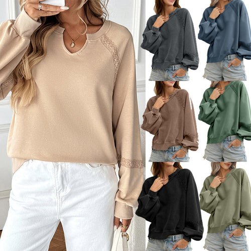 Damen Lässiges Sweatshirt mit V-Notch, Spitzeneinsätzen und Ballonärmeln Shop Nory