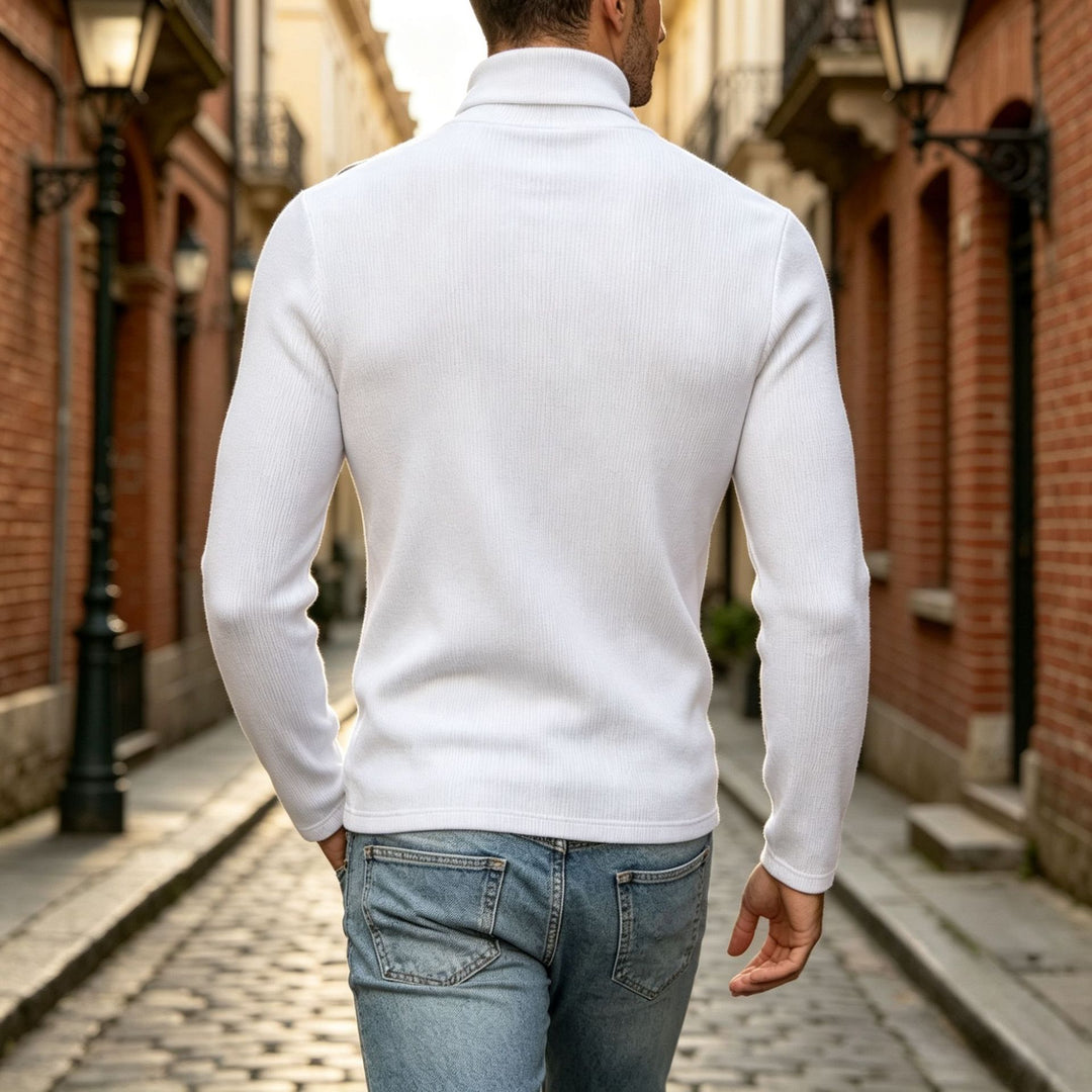 Herren Slim-Fit Rollkragenpullover mit asymmetrischer Zierknopfleiste aus Rippstrick Shop Nory