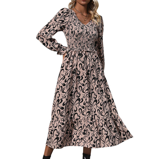 Damen Midikleid mit elastischem Smock-Oberteil, abstraktem Allover‑Print und ausgestelltem Volant‑Saum Shop Nory