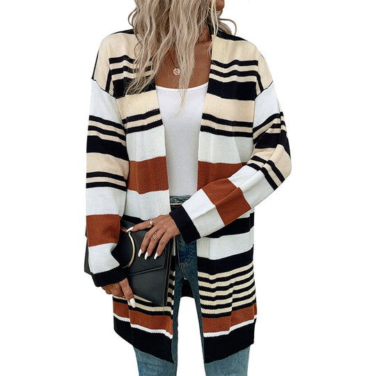 Damen Oversize Strickcardigan mit Blockstreifen, offener Front und langen Ärmeln Shop Nory