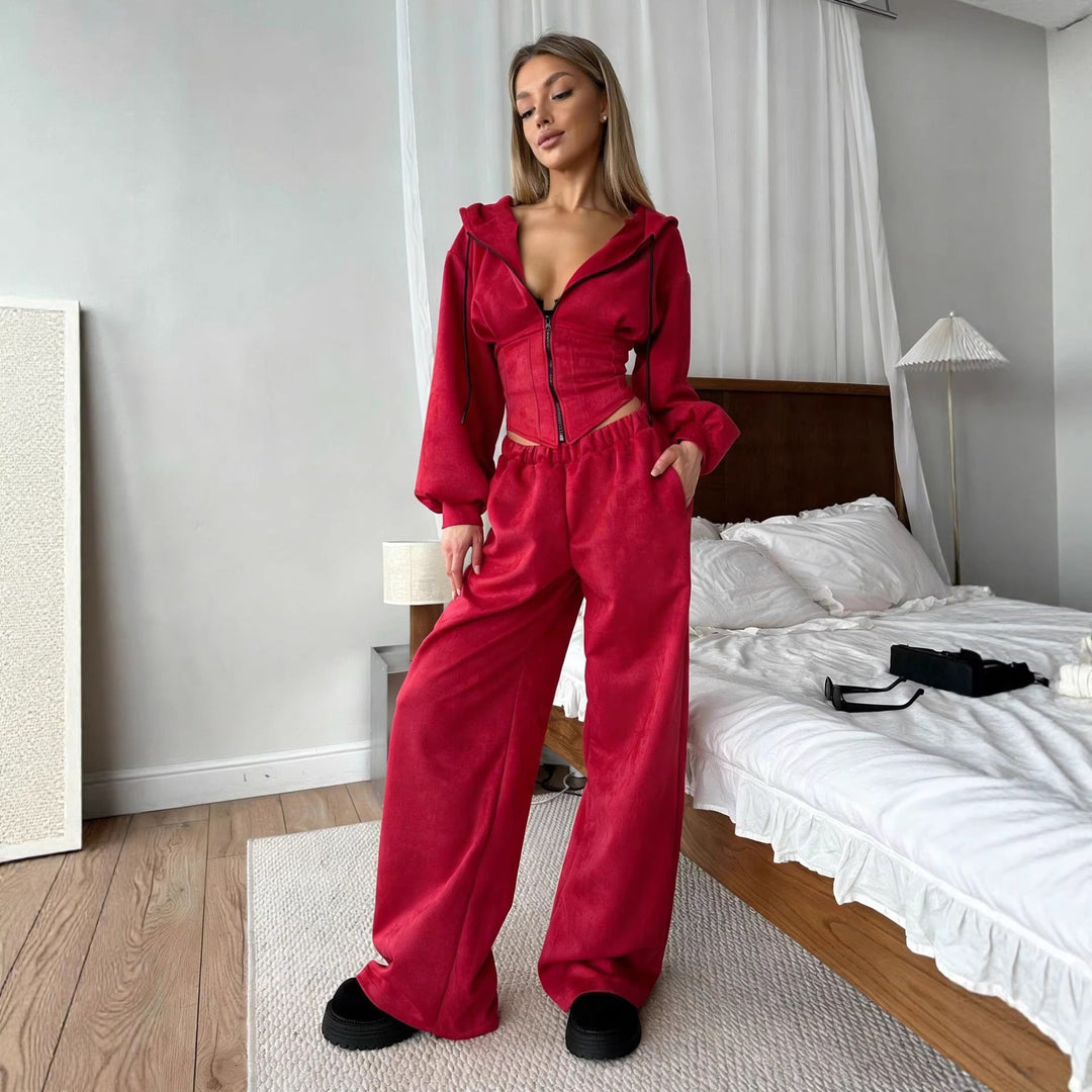 Damen sportliches Set aus cropped Kapuzenjacke und weiten Jogginghosen mit elastischem Bund Shopnory