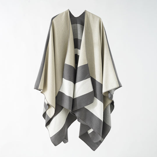 Damen Oversize-Ruana im Cape‑Stil aus Wolloptik mit geometrischen Blockstreifen Shop Nory