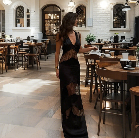 Damen Transparentes Spitzen-Maxikleid mit tiefem V-Ausschnitt und eleganter Silhouette