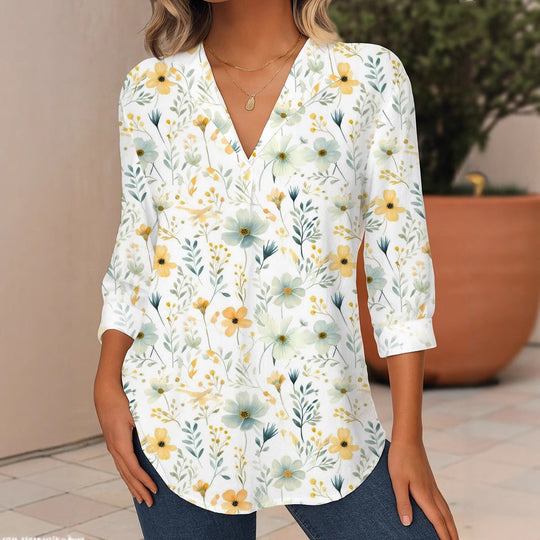 Damen Florale V-Ausschnitt Tunika-Bluse mit dreiviertel-Ärmeln und abgerundetem Saum Shop Nory