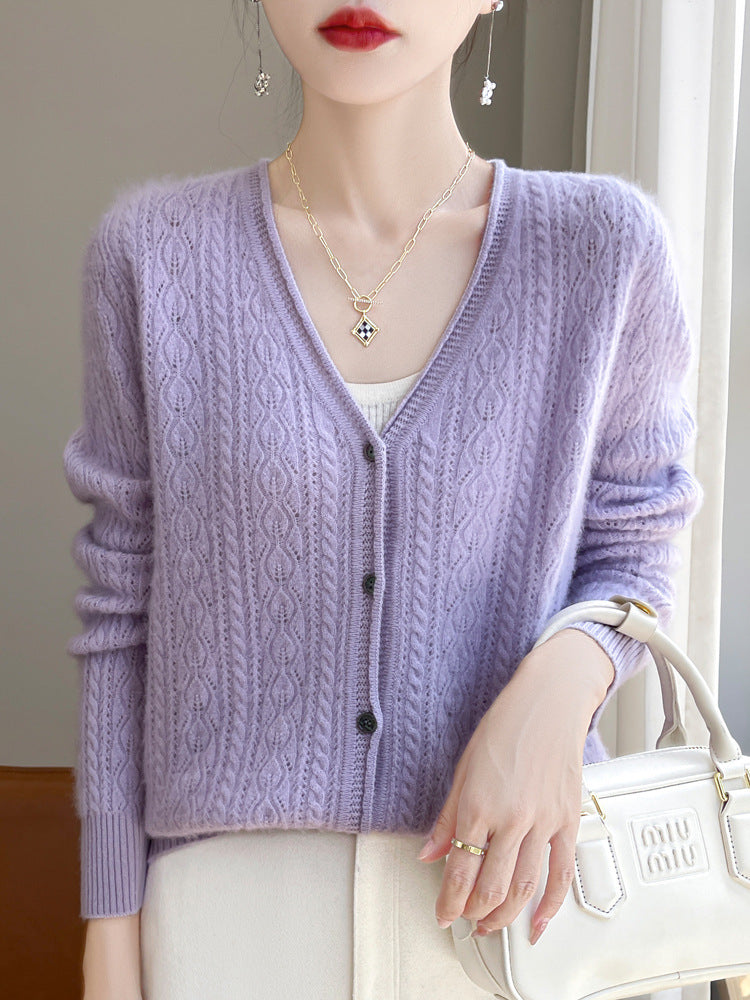 Damen Kurzer Zopfmuster-Cardigan im Mohair-Look mit V‑Ausschnitt und gerippten Bündchen Shop Nory