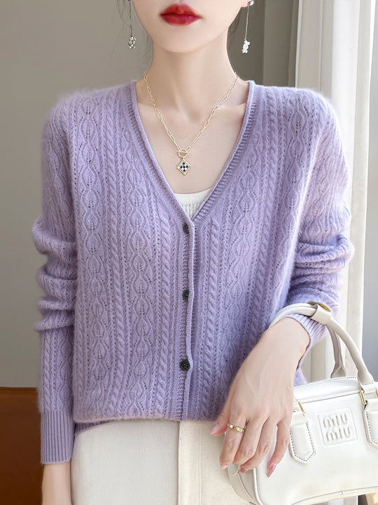 Damen Kurzer Zopfmuster-Cardigan im Mohair-Look mit V‑Ausschnitt und gerippten Bündchen Shop Nory