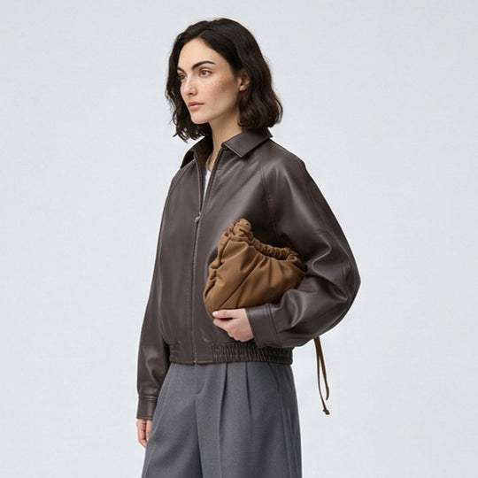 Damen Boxy-Cropped Kunstlederjacke mit verdecktem Reißverschluss und elastischem Saum Shop Nory