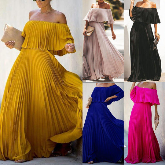 Damen Maxikleid mit asymmetrischem Plisseefall und schulterfreiem Design