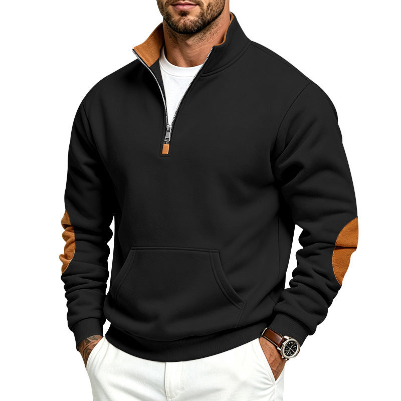 Herren Troyer-Pullover mit halbem Reißverschluss, Kängurutasche und Ellbogen-Patches Shop Nory