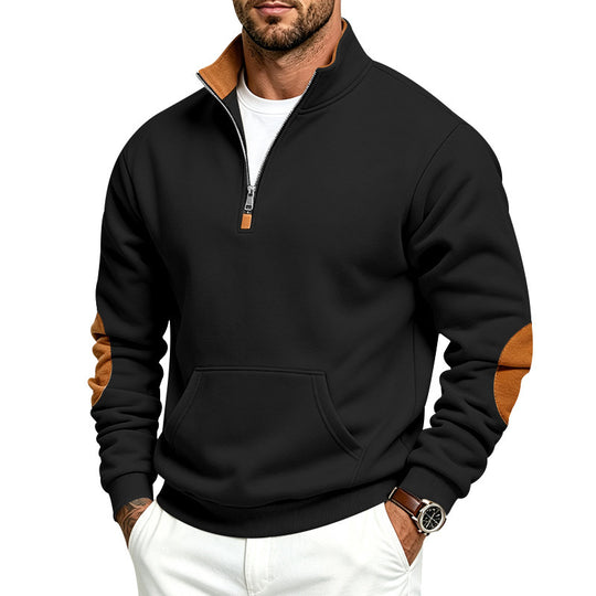 Herren Troyer-Pullover mit halbem Reißverschluss, Kängurutasche und Ellbogen-Patches Shop Nory