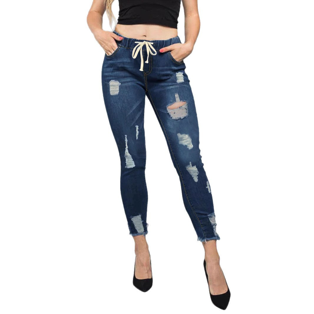 Damen Hochtaillierte Destroyed-Jogger-Jeans mit elastischem Tunnelzugbund und gekürztem Fransen-Saum Shop Nory
