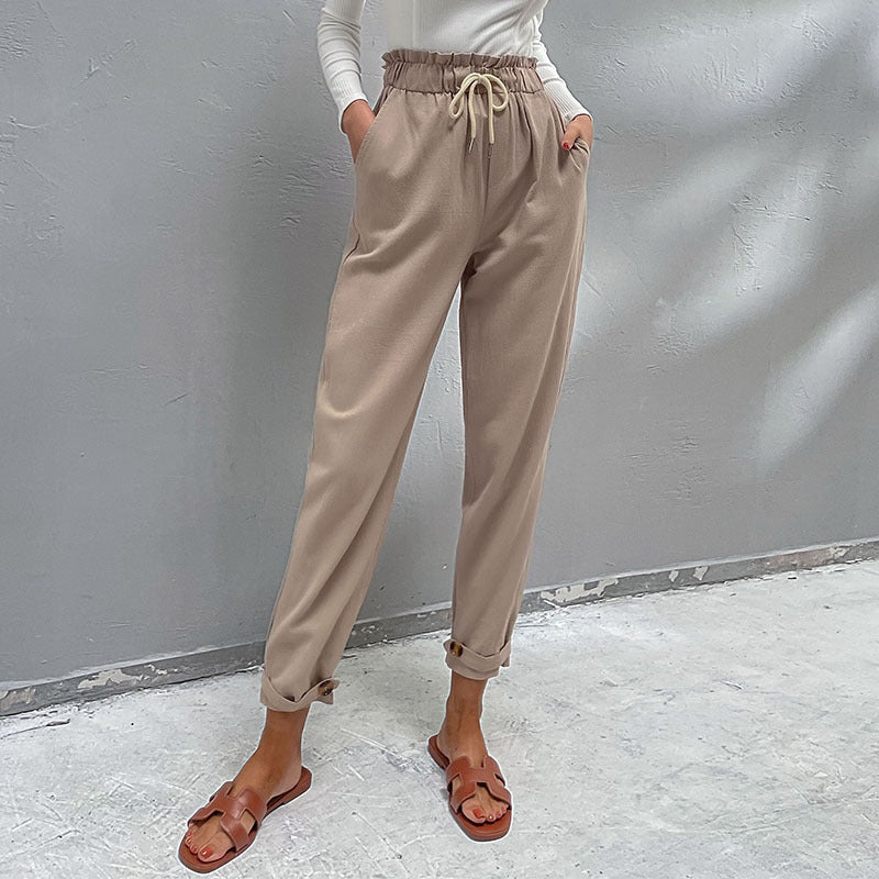 Damen Lässige Hose mit hohem Bund, Tunnelzug, Eingrifftaschen und konischer Beinform Shop Nory