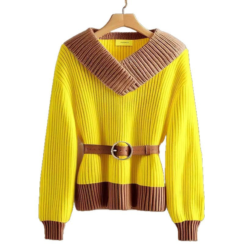 Damen Modischer und eleganter Strickpullover mit Gürtel Shop Nory