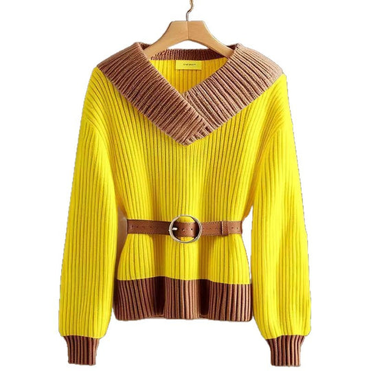 Damen Modischer und eleganter Strickpullover mit Gürtel Shop Nory