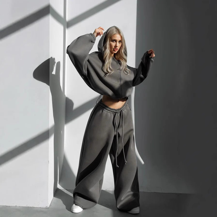 Damen gekürztes Scuba-Hoodie mit oversized Kapuze und elastischer High‑Waist Jogginghose Shop Nory