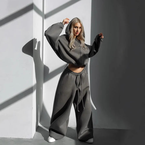 Damen gekürztes Scuba-Hoodie mit oversized Kapuze und elastischer High‑Waist Jogginghose Shop Nory
