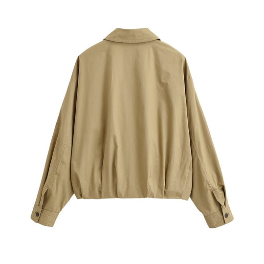 Damen Leichte Cropped Bomberjacke mit Knopfleiste und Gummizugsaum Shop Nory