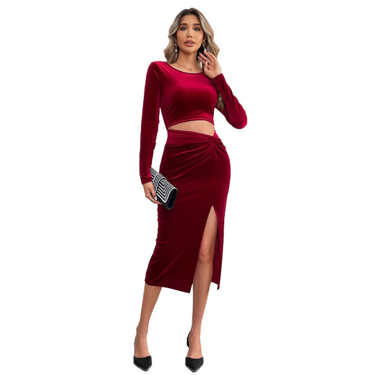 Damen elegantes Samt-Zweiteiler-Set mit langärmeligem Crop-Top, tailliertem Midirock und seitlichem Beinschlitz Shop Nory