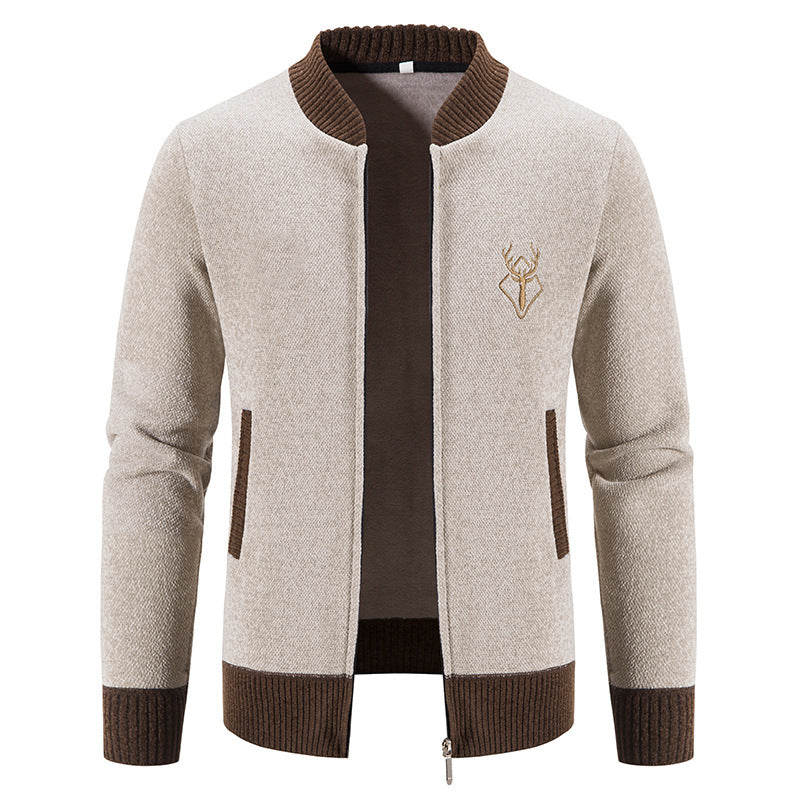 Herren lässiger Zip-Strickblouson mit weichem Thermofutter, geripptem Stehkragen und Hirsch-Logo Shop Nory