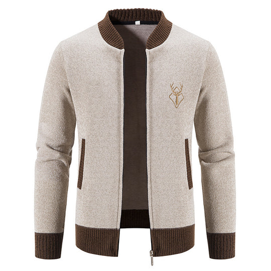 Herren lässiger Zip-Strickblouson mit weichem Thermofutter, geripptem Stehkragen und Hirsch-Logo Shop Nory