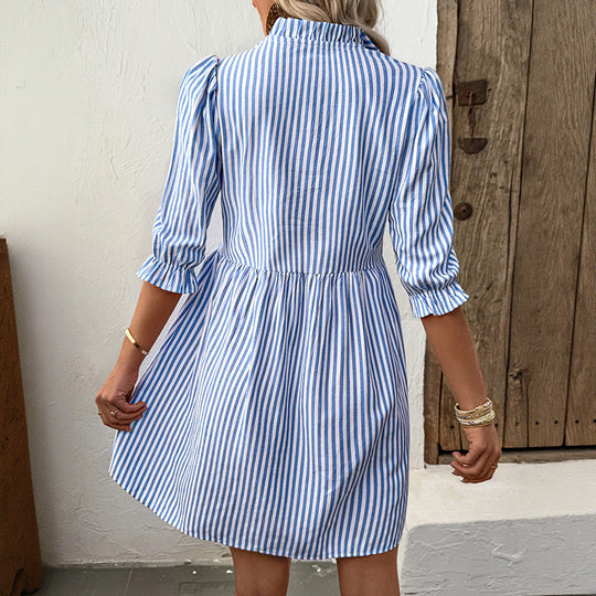 Damen Gestreiftes Leinen-Kurzkleid mit Rüschendetail Shop Nory