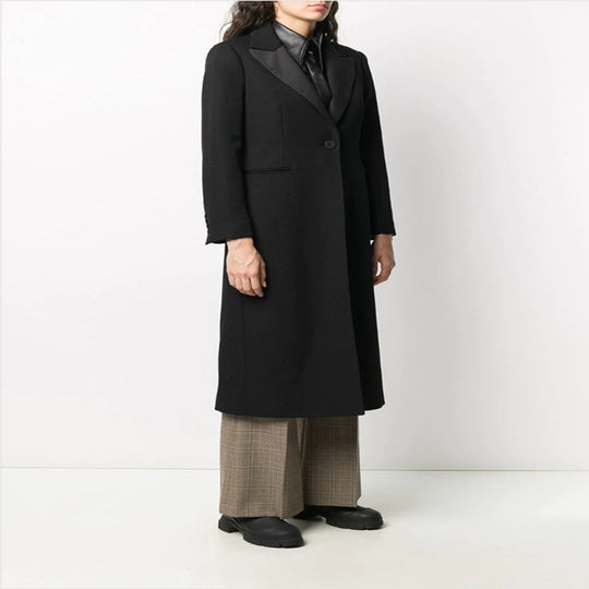 Damen Eleganter Einreihiger Longmantel im Smokingschnitt mit schmalem Revers und Satinbesatz Shop Nory