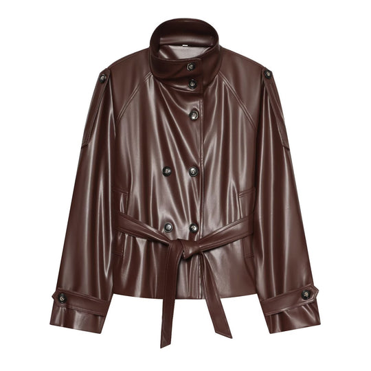 Damen Cropped Kunstlederjacke mit hochgeschlossenem Funnelkragen und Taillenband Shop Nory