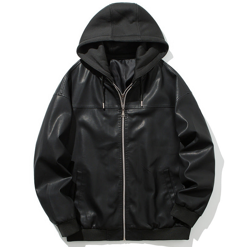 Herren Kunstleder‑Bomberjacke mit Kapuze, Reißverschluss und Rippbündchen Shop Nory