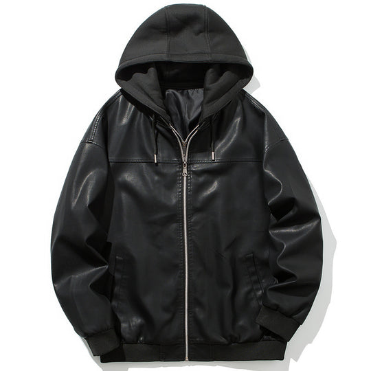 Herren Kunstleder‑Bomberjacke mit Kapuze, Reißverschluss und Rippbündchen Shop Nory