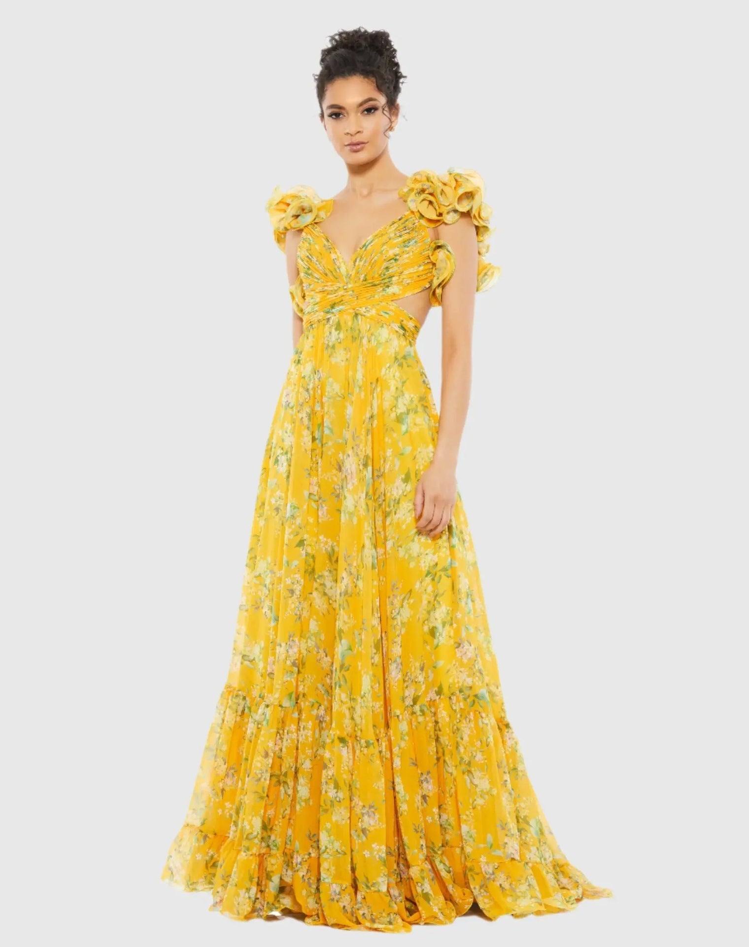 Damen Maxi-Kleid mit floralen Rüschen und schwingendem Design