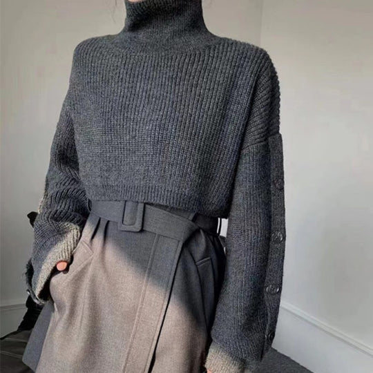 Damen Kurzgeschnittener Rollkragen-Bolero-Überwurf mit langen Ärmelknöpfen Shop Nory