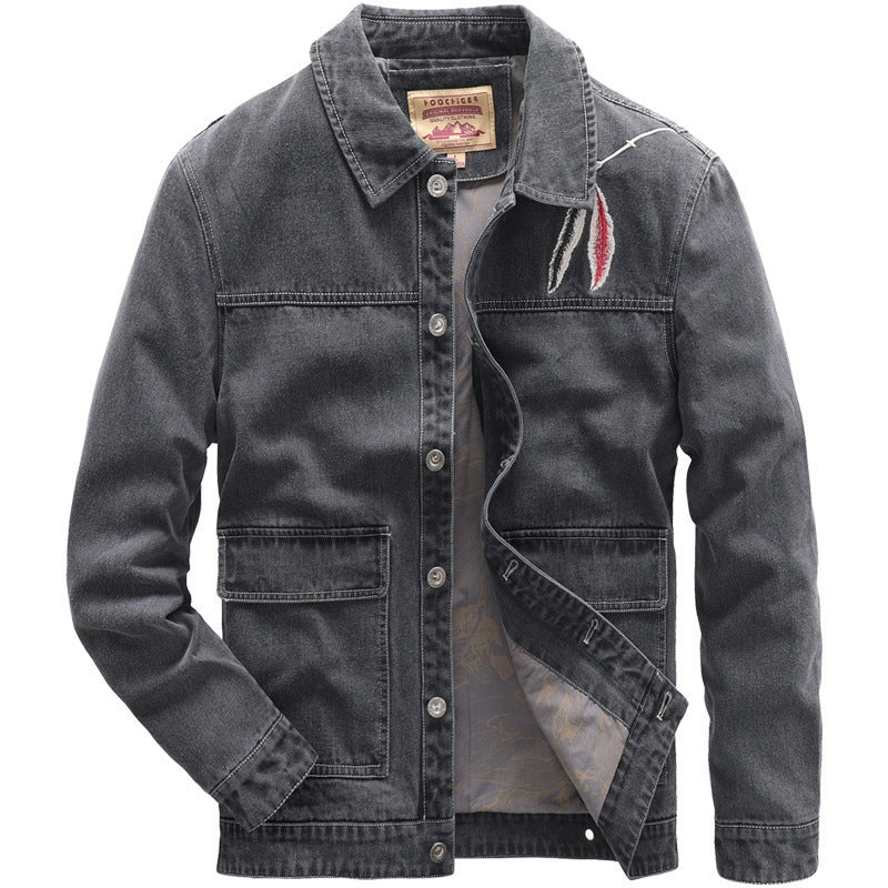 Herren Jeansjacke im Worker‑Stil mit gesticktem Feder‑Motiv und Innensatinfutter Shop Nory