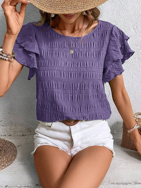 Damen Kurzarm-Bluse mit Smok-Effekt und Volantärmeln Shop Nory