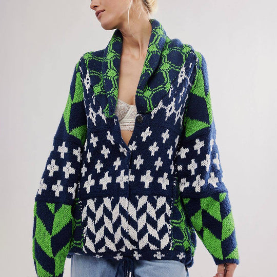 Damen Oversized Strickjacke mit Schalkragen und grafischem Muster Shop Nory
