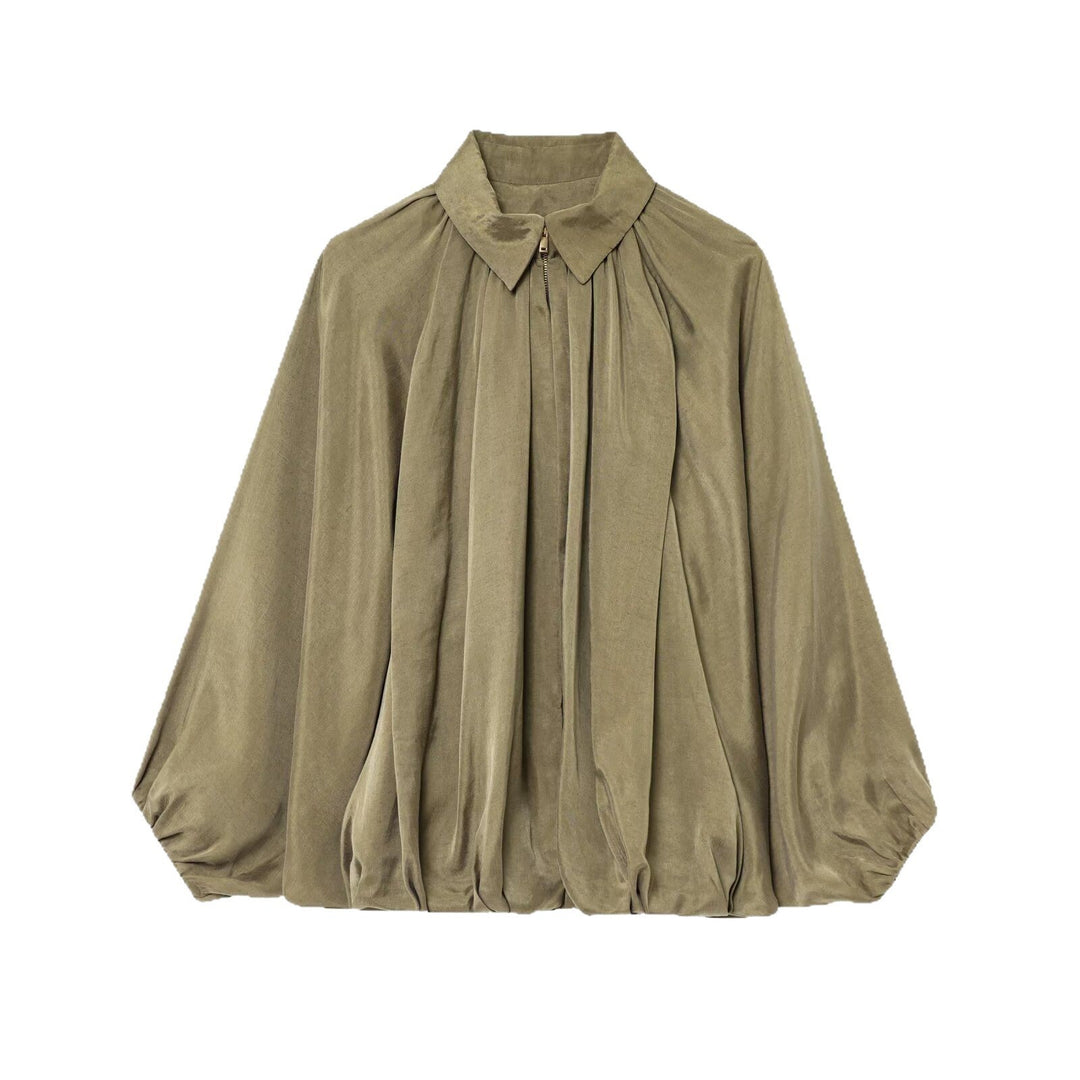 Damen Weite plissierte Cape-Bluse mit Stehkragen und verdecktem Reißverschluss Shop Nory
