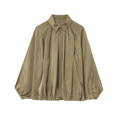Damen Weite plissierte Cape-Bluse mit Stehkragen und verdecktem Reißverschluss Shop Nory