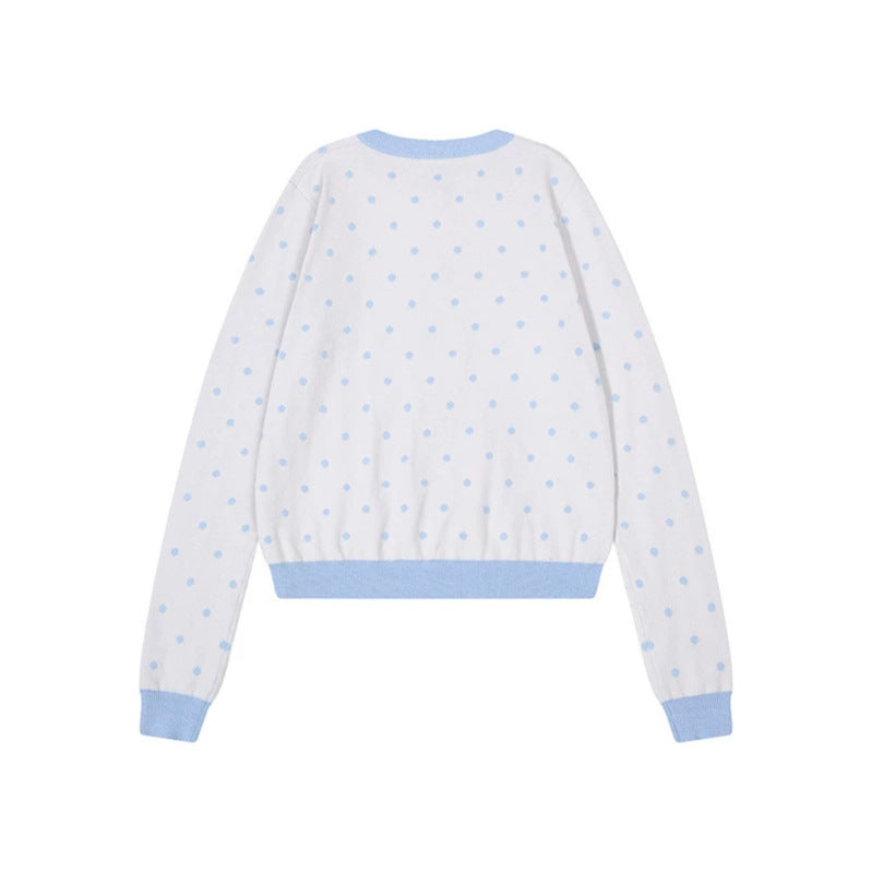 Damen Kurzgeschnittene Punkt-Strickjacke mit Engelsflügel-Motiv und Rippbündchen Shop Nory