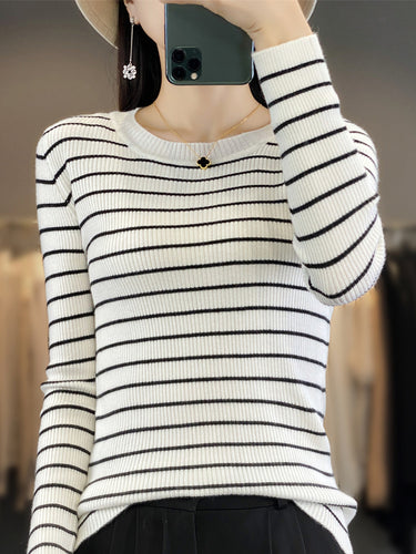Damen Schmal geschnittener Feinstrick-Pullover mit dezenter Streifenstruktur und Rundhals Shop Nory