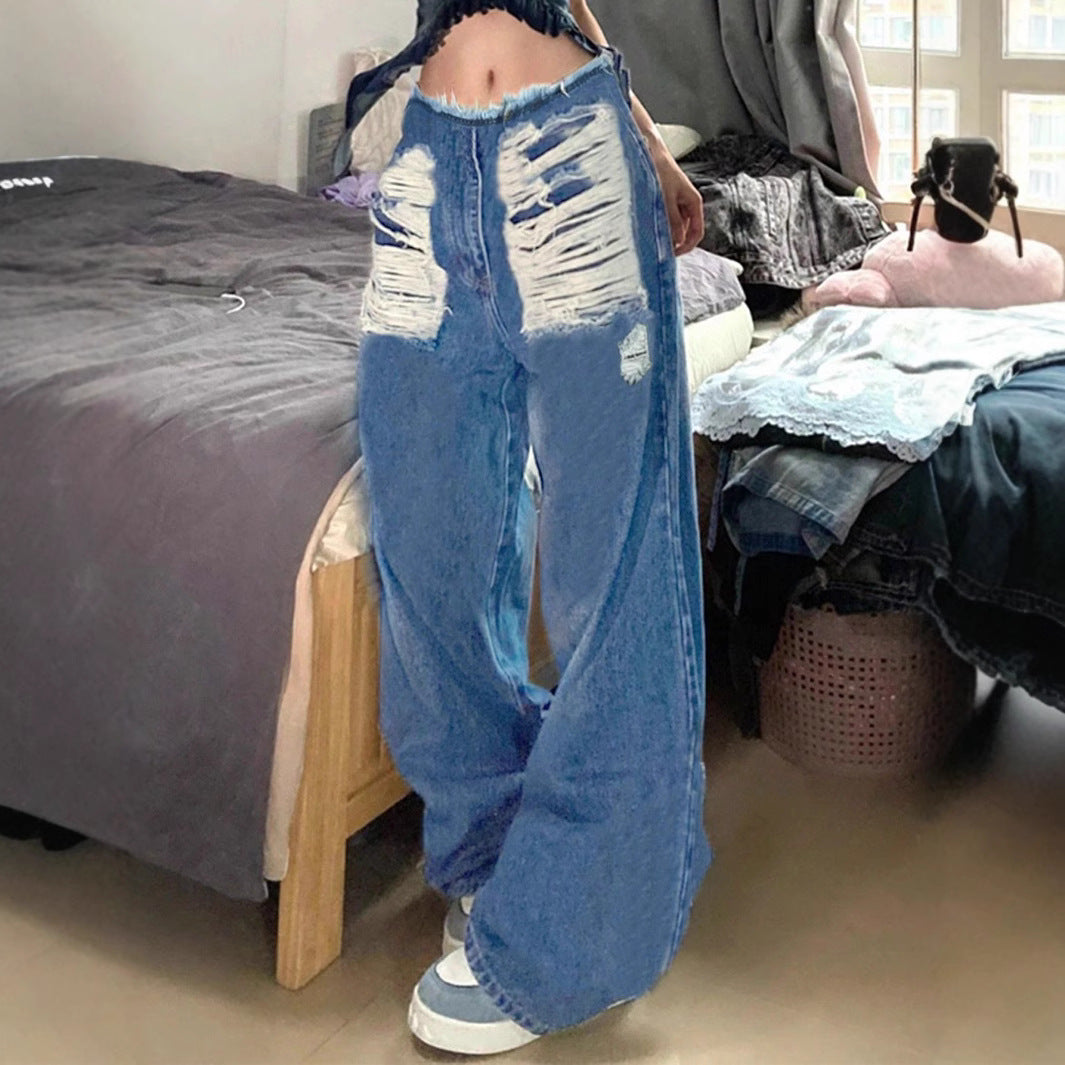 Damen hochgeschnittene weite Jeanshose aus Denim mit stark zerstörter Front und rohem Bund Shop Nory